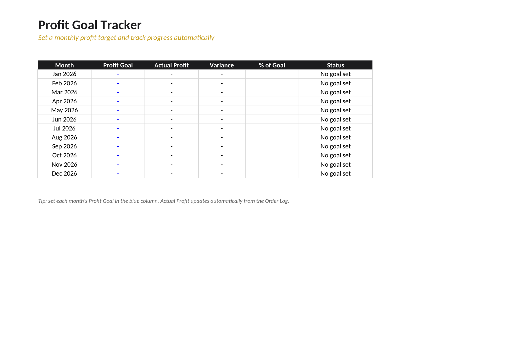 Order & Profit Tracker — Shopify/Etsy Excel Template