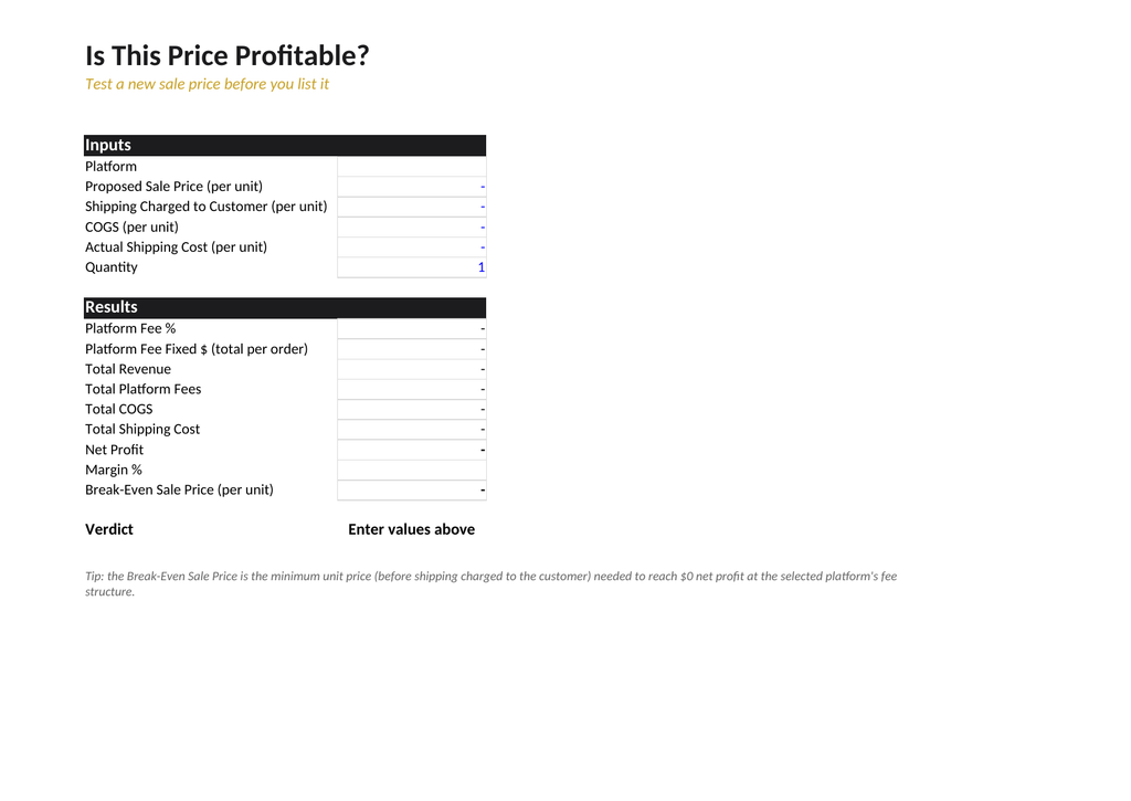 Order & Profit Tracker — Shopify/Etsy Excel Template