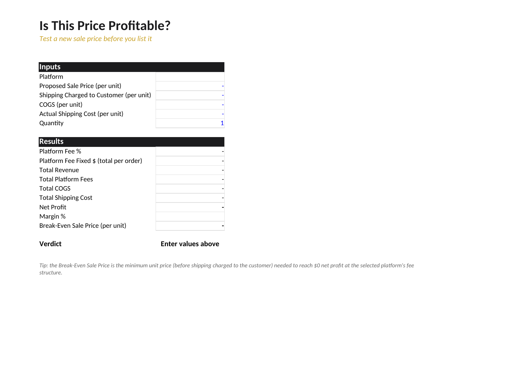 Order & Profit Tracker — Shopify/Etsy Excel Template
